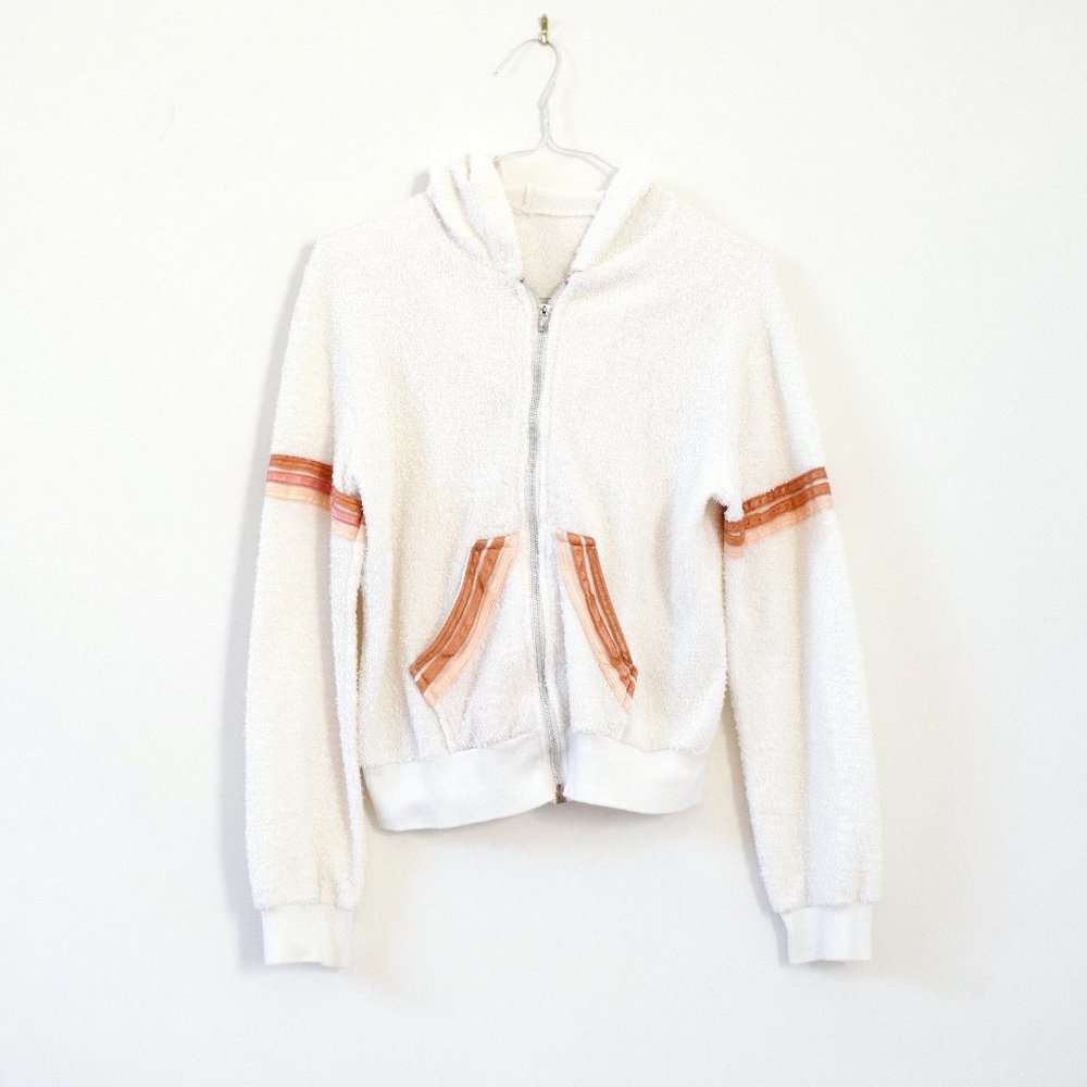 Vintage White Fuzzy Athleisure Light Teddy Zip up Jacket | Size S